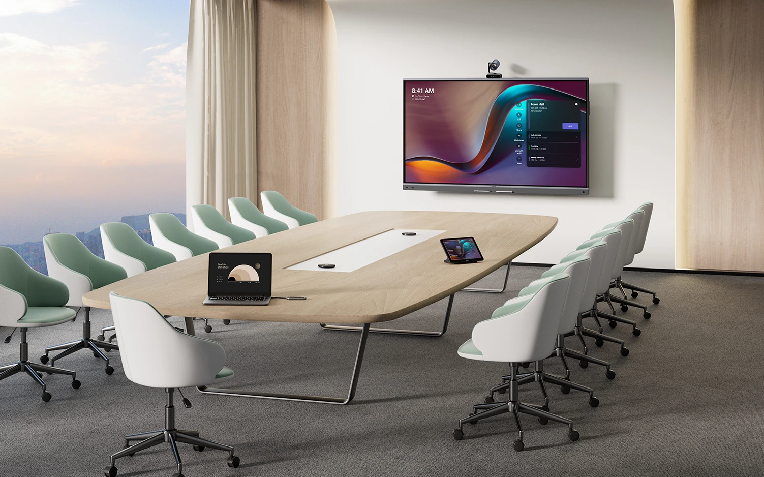 Ambiente corporativo com equipamentos Yealink para reuniões